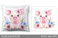 Cute Pig Pillow Sublimation. Pig Flowers Pillow Design Product Image 1