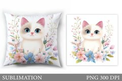 Cute Cat Pillow Sublimation. Cat Flowers Pillow Design Product Image 1