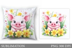 Cute Pig Pillow Sublimation. Pig Flowers Pillow Design Product Image 1