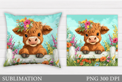Highland Cow Pillow Design. Cow Flowers Pillow Sublimation Product Image 1