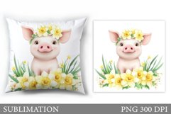 Cute Pig Pillow Sublimation. Pig Flowers Pillow Design Product Image 1