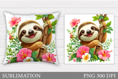 Cute Sloth Pillow Design. Sloth Flowers Pillow Sublimation Product Image 1
