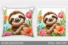 Cute Sloth Pillow Sublimation. Sloth Flowers Pillow Design Product Image 1