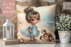 Beach Girl &amp; Turtle Pillow PNG, Coastal Sublimation Design Product Image 1