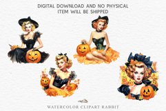 Pin Up Halloween Lady Retro Women Clipart PNG Pumpkin Girl Tale Art Image Watercolor Transparent Print illustration sublimation creepy printable digital