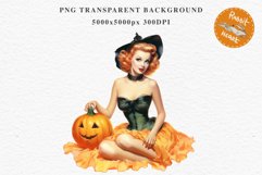Pin Up Halloween Lady Retro Women Clipart PNG Pumpkin Girl Tale Art Image Watercolor Transparent Print illustration sublimation creepy printable digital