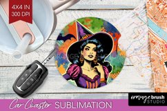 Retro Witch Car Coaster - Halloween Coaster PNG Sublimation Product Image 1