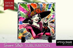 Retro Witch Slate PNG - Halloween Square Slate Sublimation Product Image 1