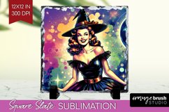 Retro Witch Slate PNG - Halloween Square Slate Sublimation Product Image 1