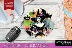Retro Witch Car Coaster - Halloween Coaster PNG Sublimation Product Image 1