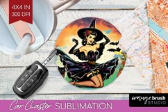 Retro Witch Car Coaster - Halloween Coaster PNG Sublimation Product Image 1