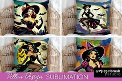 Witch Pillow Cover - Retro Halloween Pillow Sublimation PNG Product Image 1