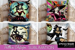 Witch Pillow Cover - Retro Halloween Pillow Sublimation PNG Product Image 1