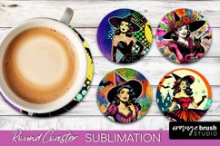 Witch Round Coaster, Retro Halloween Coaster Sublimation PNG Product Image 1