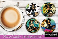 Witch Round Coaster, Retro Halloween Coaster Sublimation PNG Product Image 1