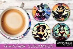 Witch Round Coaster, Retro Halloween Coaster Sublimation PNG Product Image 1
