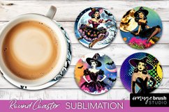 Witch Round Coaster, Retro Halloween Coaster Sublimation PNG Product Image 1