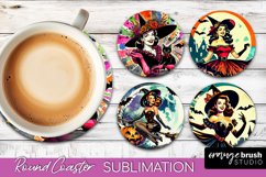 Witch Round Coaster, Retro Halloween Coaster Sublimation PNG Product Image 1