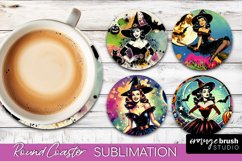 Witch Round Coaster, Retro Halloween Coaster Sublimation PNG Product Image 1