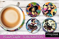 Witch Round Coaster, Retro Halloween Coaster Sublimation PNG Product Image 1
