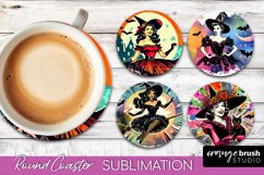 Witch Round Coaster, Retro Halloween Coaster Sublimation PNG Product Image 1