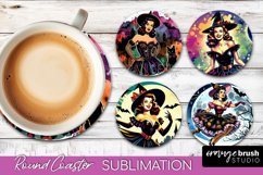 Witch Round Coaster, Retro Halloween Coaster Sublimation PNG Product Image 1