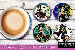 Witch Round Coaster, Retro Halloween Coaster Sublimation PNG Product Image 1