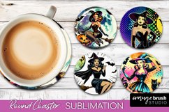 Witch Round Coaster, Retro Halloween Coaster Sublimation PNG Product Image 1