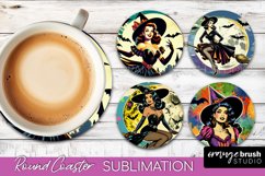 Witch Round Coaster, Retro Halloween Coaster Sublimation PNG Product Image 1
