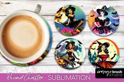 Witch Round Coaster, Retro Halloween Coaster Sublimation PNG Product Image 1