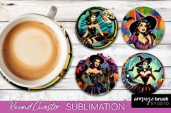 Witch Round Coaster, Retro Halloween Coaster Sublimation PNG Product Image 1