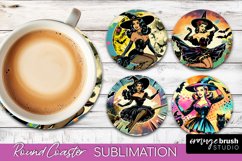 Witch Round Coaster, Retro Halloween Coaster Sublimation PNG Product Image 1