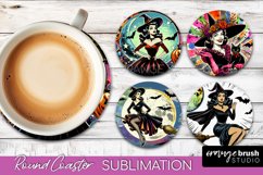 Witch Round Coaster, Retro Halloween Coaster Sublimation PNG Product Image 1