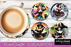 Witch Round Coaster, Retro Halloween Coaster Sublimation PNG Product Image 1