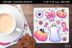 Ghost and Pumpkin|Breast Cancer Awareness Square Coaster Product Image 1