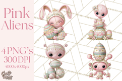 Alien Easter Clipart, Cute Pink Alien Easter Eggs, Soft Png Product Image 1