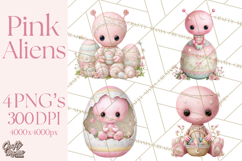 Alien Easter Clipart, Cute Pink Alien Easter Eggs, Soft Png Product Image 1