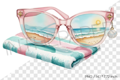 Pink and Blue Sunglasses with Beach Towel PNG Summer Clipart Product Image 1