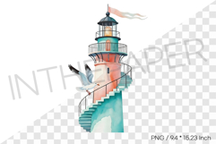 Pastel Lighthouse on Ocean Cliff PNG Summer Clipart Illust Product Image 1