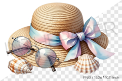 Straw Hat with Ribbon and Summer Sunglasses PNG Clipart Product Image 1