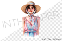 Woman in Straw Hat Wearing Summer Dress PNG Clipart Illust Product Image 1
