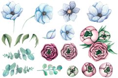 Watercolor Pink Peonies and blue anemones Flowers Clipart Product Image 4