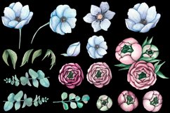 Watercolor Pink Peonies and blue anemones Flowers Clipart Product Image 5