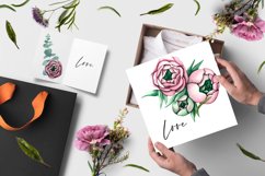 Watercolor Pink Peonies and blue anemones Flowers Clipart Product Image 3