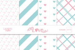 Soft pastel digital paper pack with pink and blue hearts, stripes, and plaid backgrounds for Valentine’s and baby crafts.
