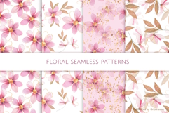 Pink Watercolor Flowers &amp; Gold Seamless Patterns Product Image 1