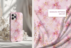 Pink Watercolor Flowers &amp; Gold Seamless Patterns Product Image 3