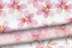 Pink Watercolor Flowers &amp; Gold Seamless Patterns Product Image 4