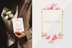 Pink Watercolor Flowers &amp; Gold Rectangular Frame PNG Product Image 1