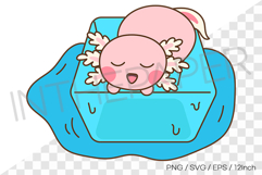 Pink axolotl happily climbing on ice in hot summer PNG Product Image 1